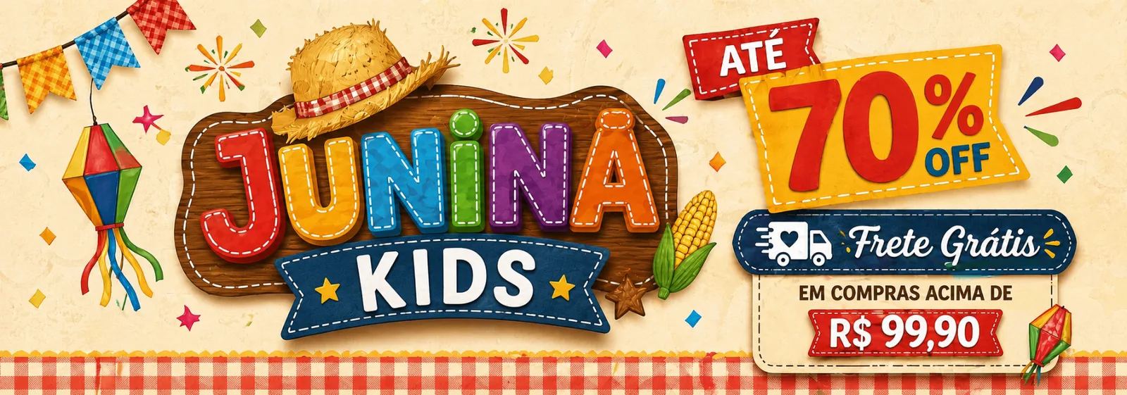 Junina Kids — Até 70% OFF + Frete Grátis acima de R$ 99,90