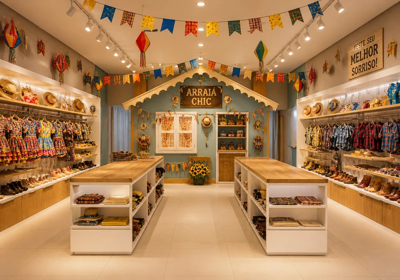 Loja física Junina Kids decorada com bandeirinhas e produtos juninos