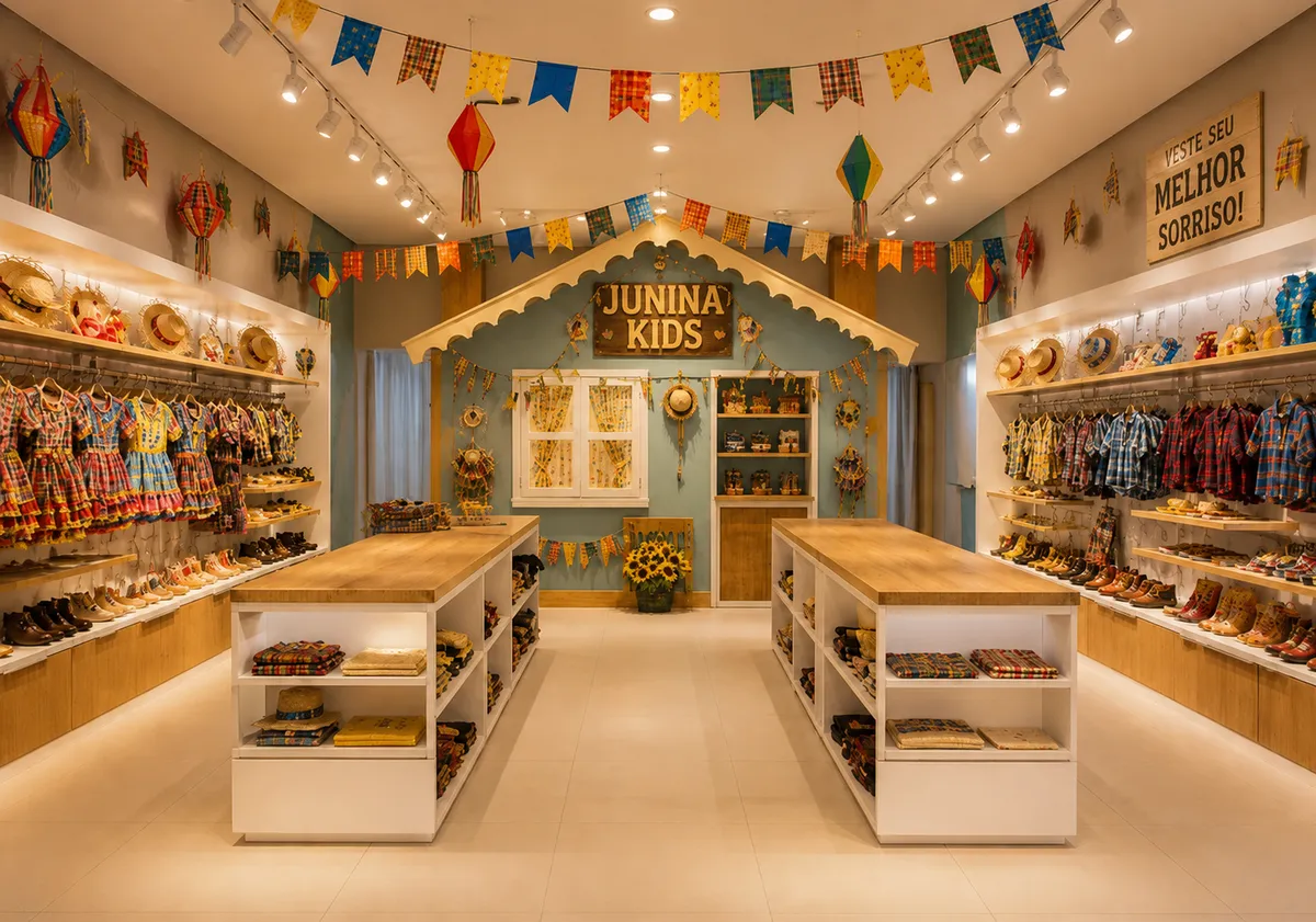 Loja Junina Kids decorada com bandeirinhas, vestidos caipiras e chapéus